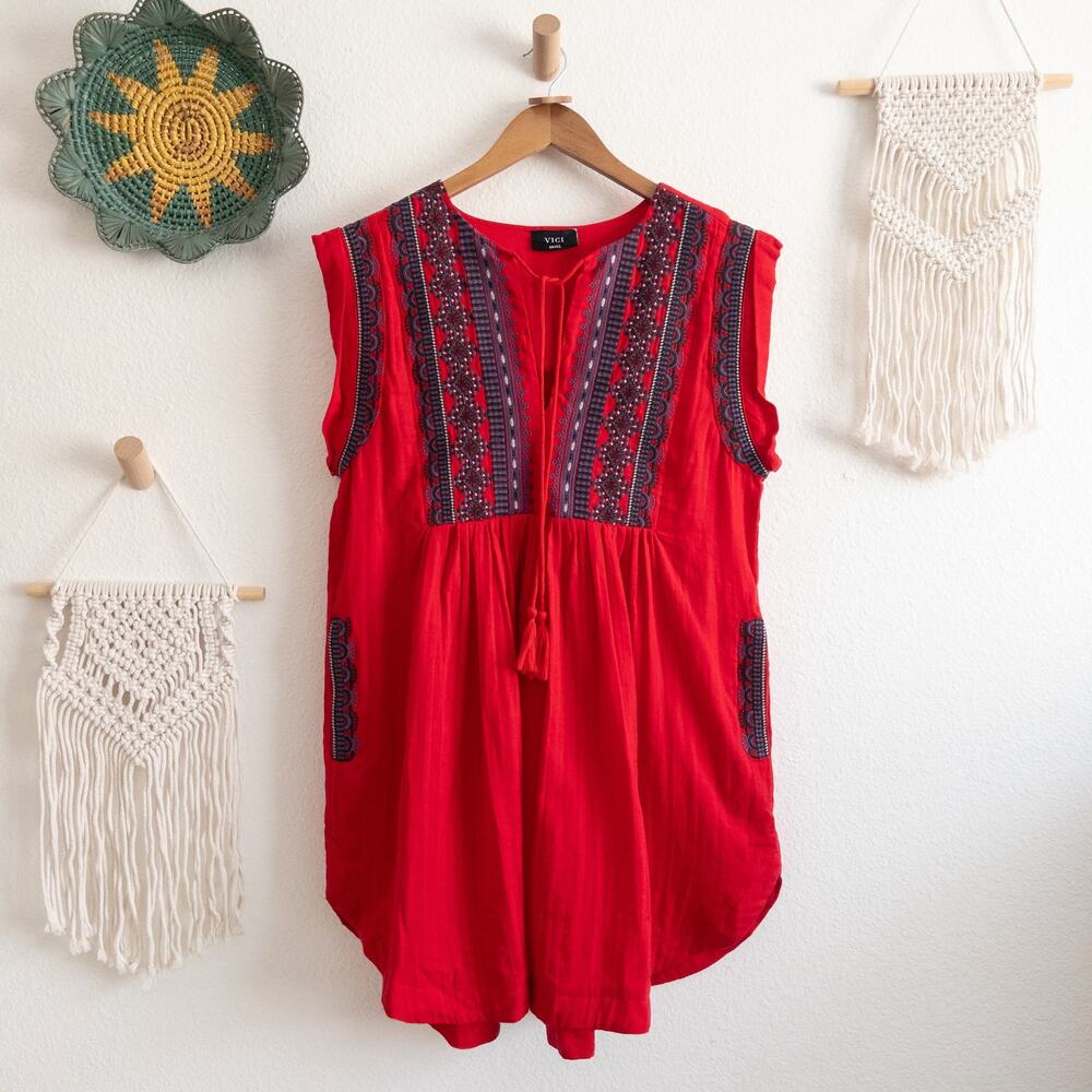 VICI Kells Cotton Embroidered Red Mini Dress Size Small